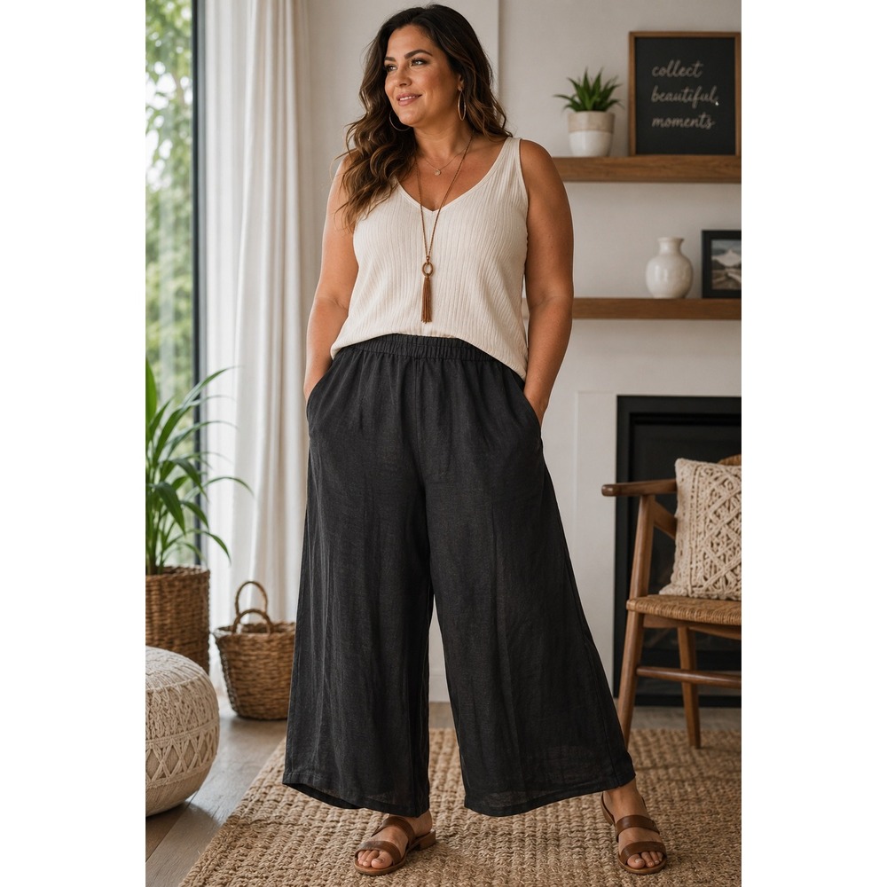 Chicos Women Size 2 Blk 100% Linen Wide Leg Cropped Culotte Pants Elastic Waist
